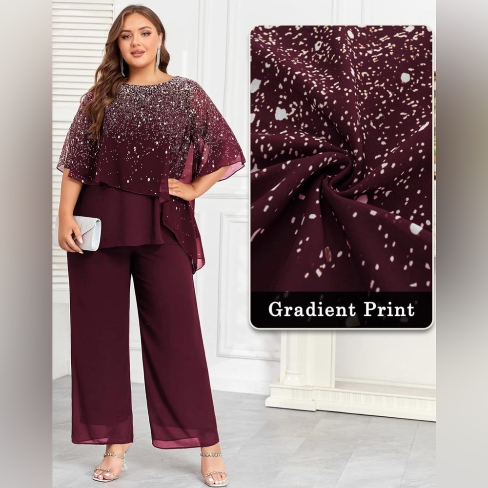Hanna Nikole Plus Size 2 Piece Ruffle Layer Chiffon Gradient Print - Picture 4 of 8